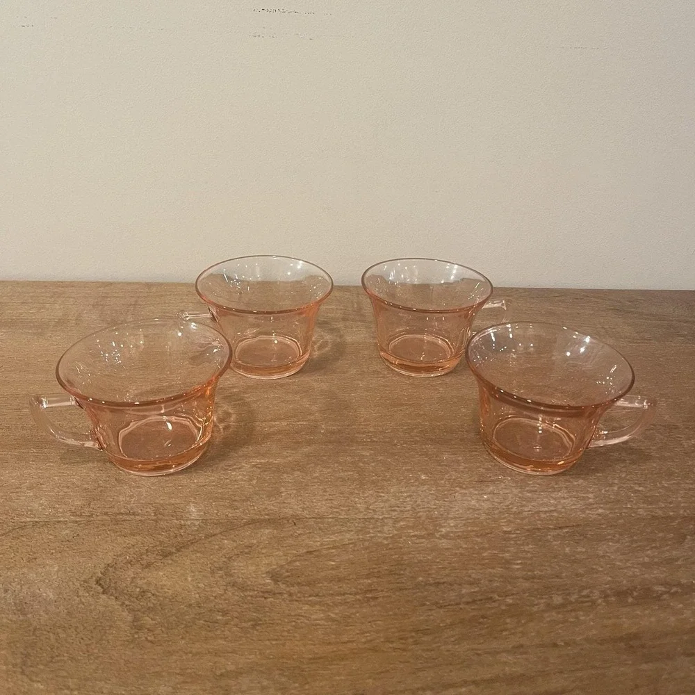Set of 4 Vintage Fostoria Pink Depression Glass Tea Cups No‎ Saucers 1930s/40s